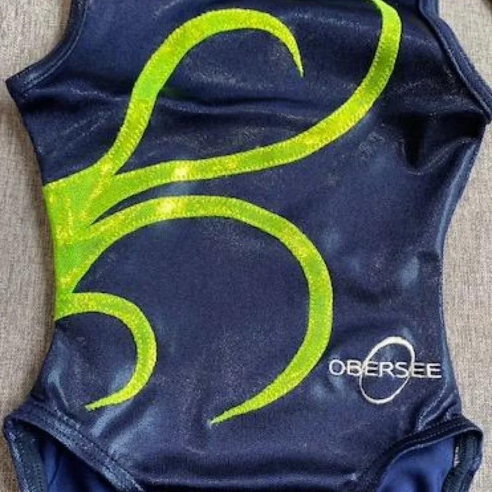 2 Pcs Obersee Girl's Gymnastics Leotards, Navy/Green Strands, Child XXS